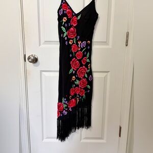 Sue Wong Black Dress with Red Floral Embroidery